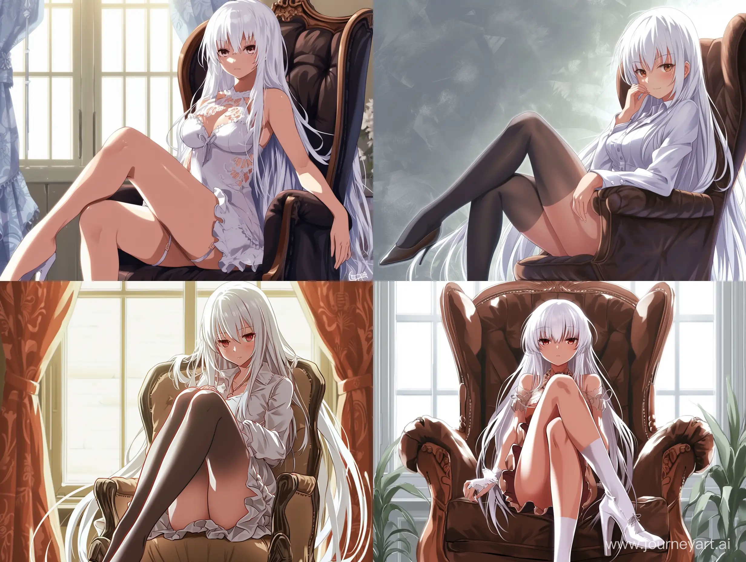 Девушка с длинными белыми волосами сидит в кресле, нога на ногу, аниме стиль