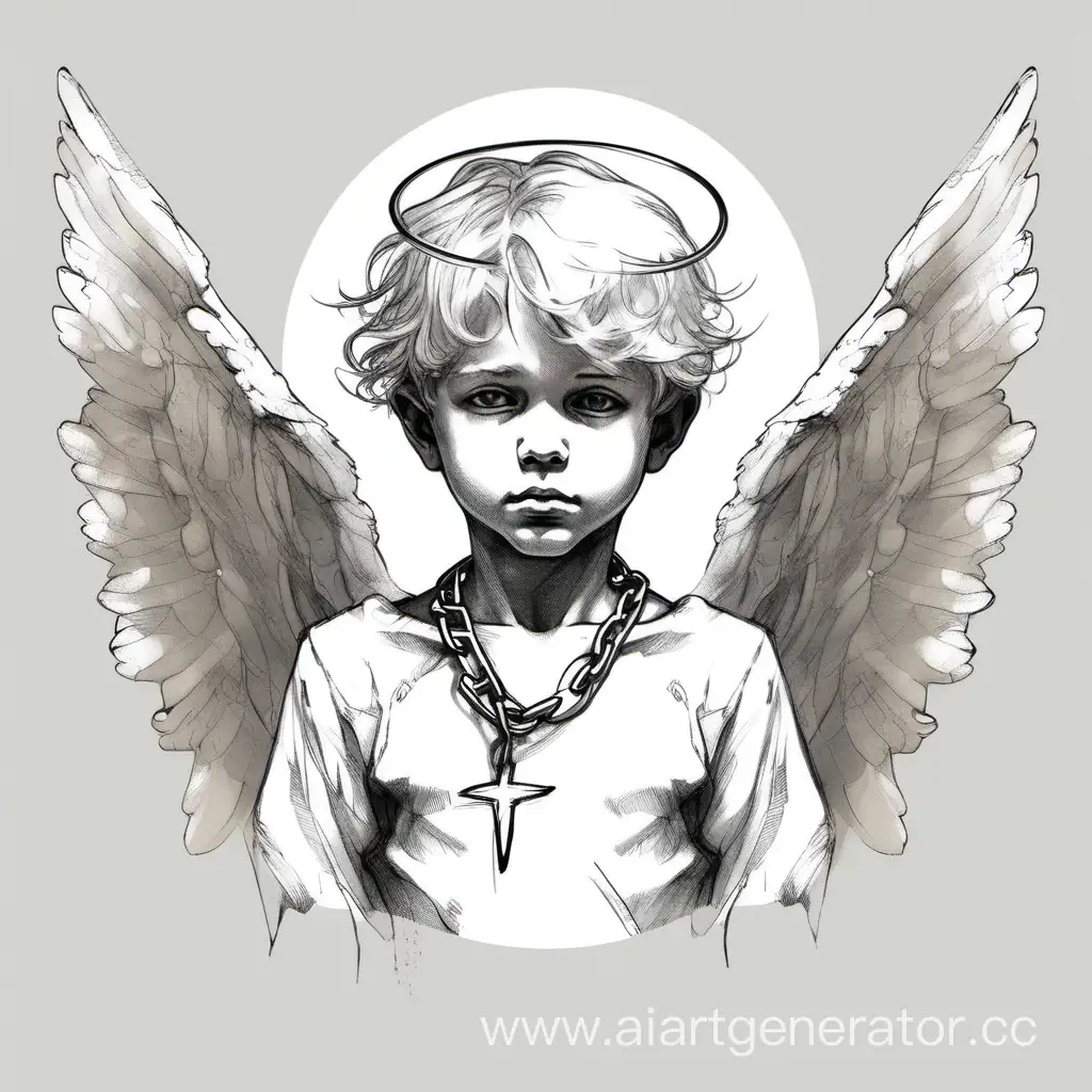 скетч, мальчик ангел с крыльями, нимбом, цепью на шее