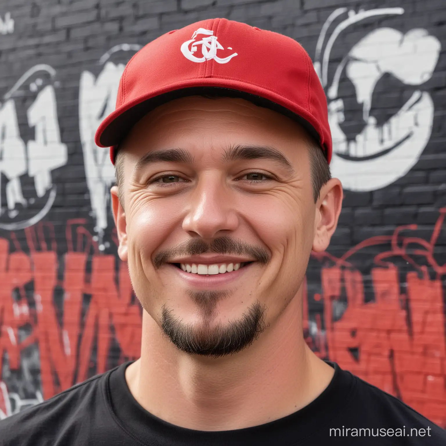 A close up portrait of a white man with a short goatee wearing a red T-shirt and black baseball cap, the man is smiling, the background is a city street with a large graffiti mural