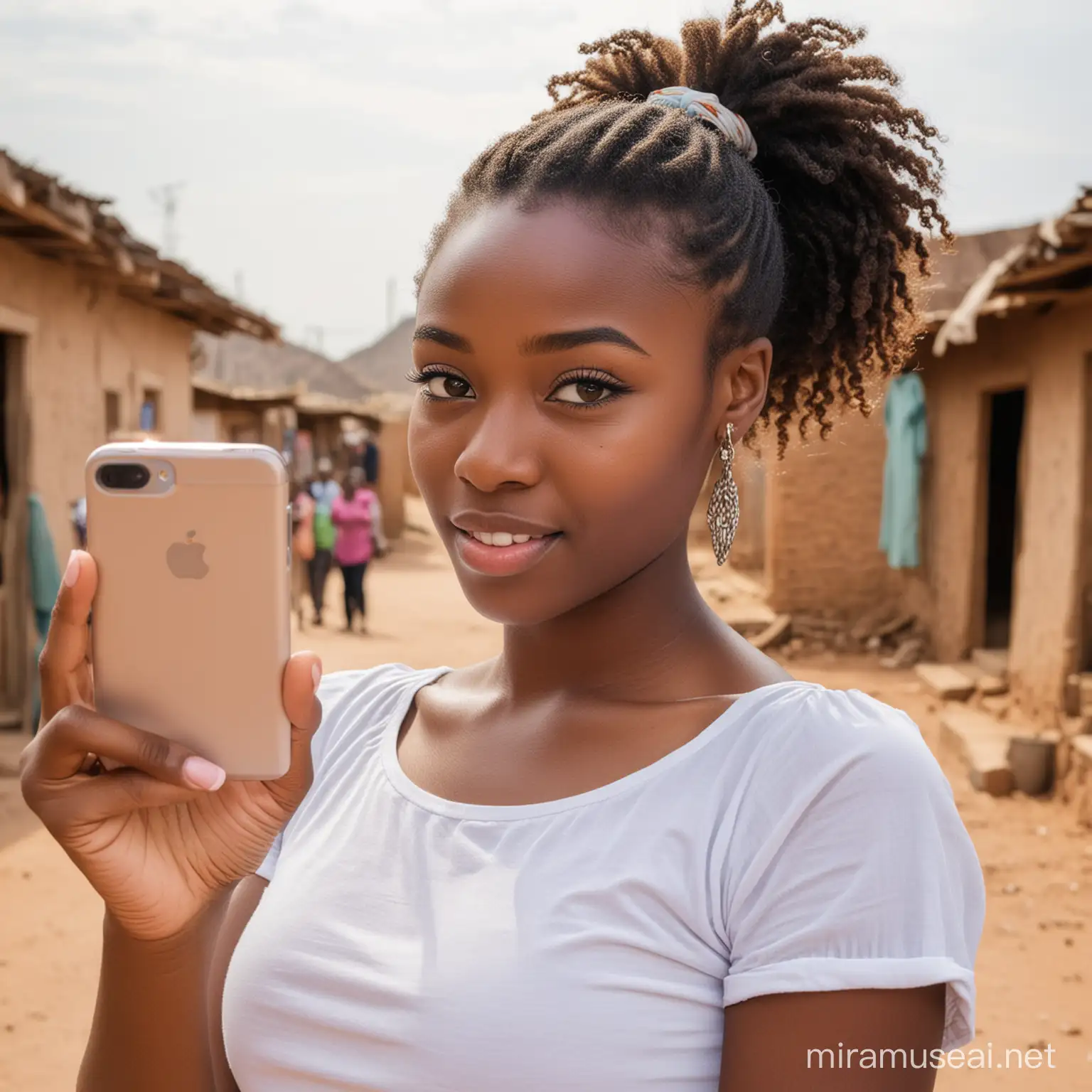 YOung african girl, 18 years old,  wearing make up, earrings, hair held in a ponytail, holding a smart phone taking a selfie in an african village shopping center. heavily pregnant,