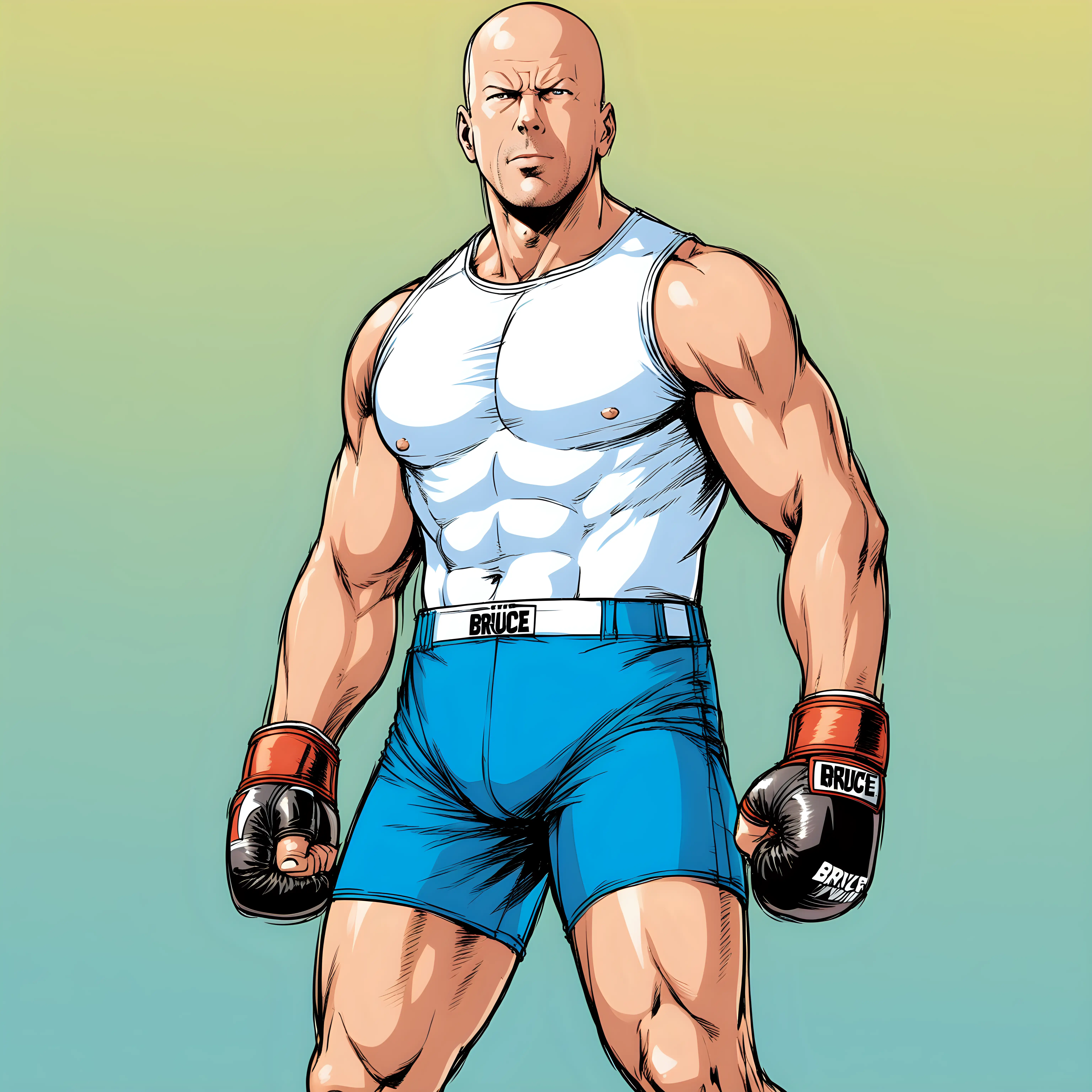 dans le style comics :
Boxeur qui qui a les trait de l'acteur Bruce willis et qui porte un short bleu sans le nom du boxeur sur le short et le nom de l'acteur ne dois pas apparaitre sur l'image.
l'image n'as d'arrière plan.
