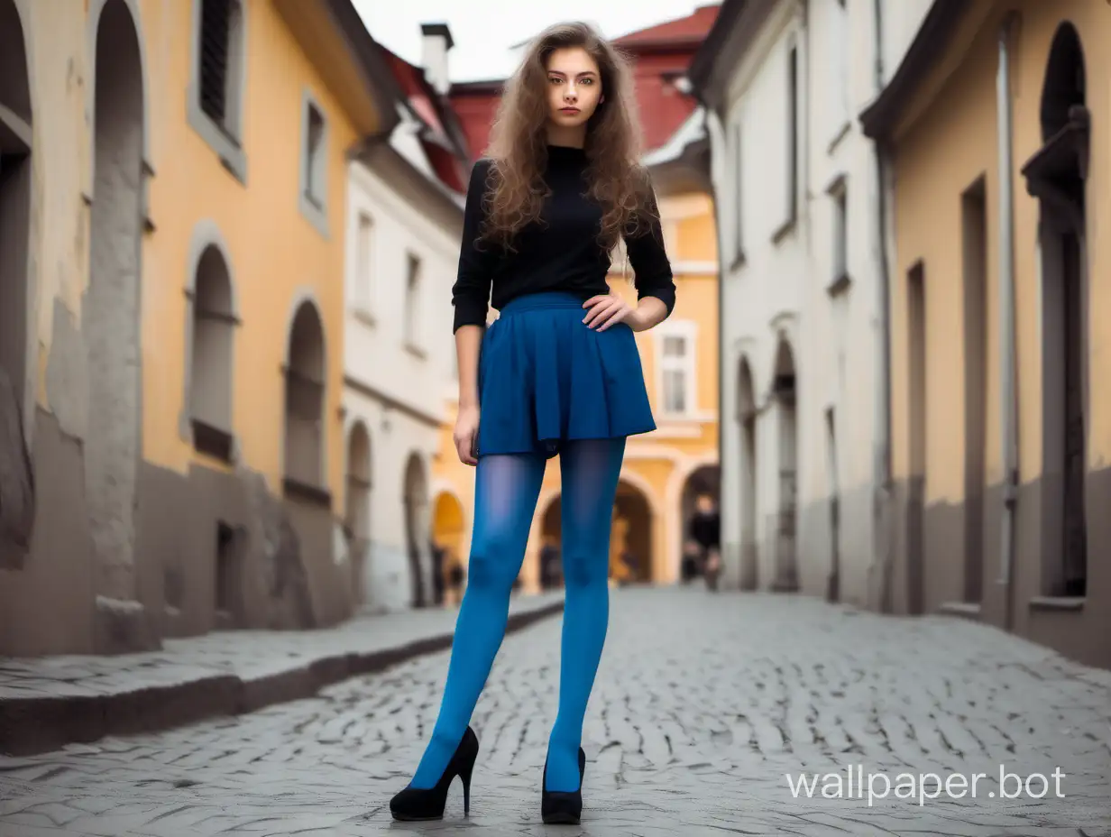 girl in cute blue tights full-length on the street of the old town noir baroque