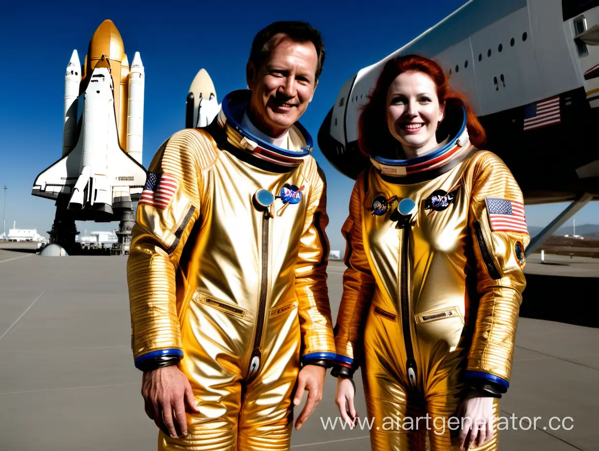 Man-and-Woman-in-Golden-Spacesuits-Near-the-Shuttle-at-Daytime-Sun