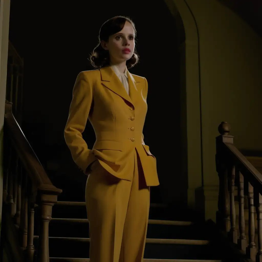 Actress Felicity Jones 1940's reporter in light amber trouser suit on inside staircase of large manor house dark at night