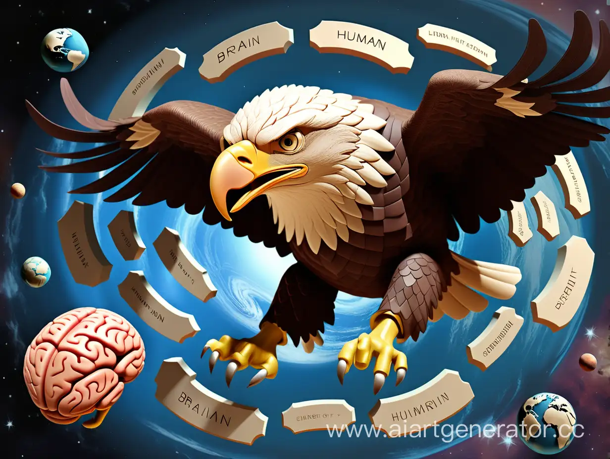 Орел летящий над планетой в виде человеческого мозга, на котором находятся таблички с разными мыслями