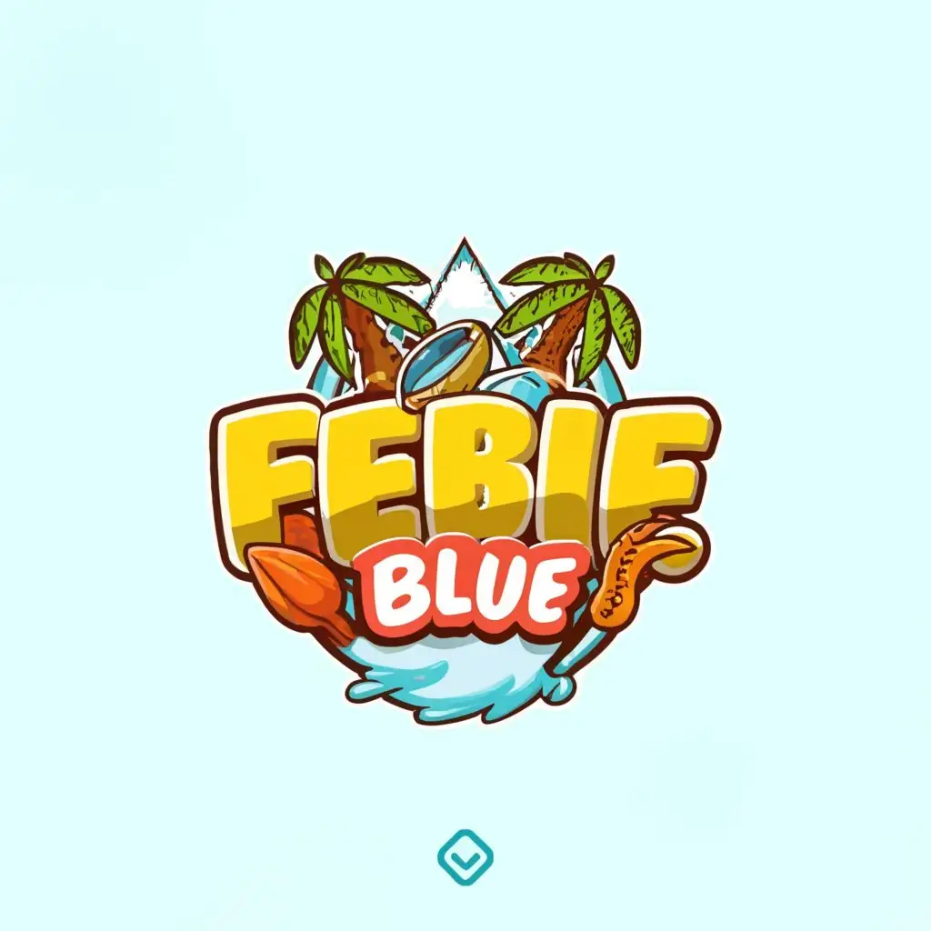 a logo design,with the text "febie blue", main symbol:coconut tree, cacao fruit, papaya fruit, banana fruits,Moderate,clear background