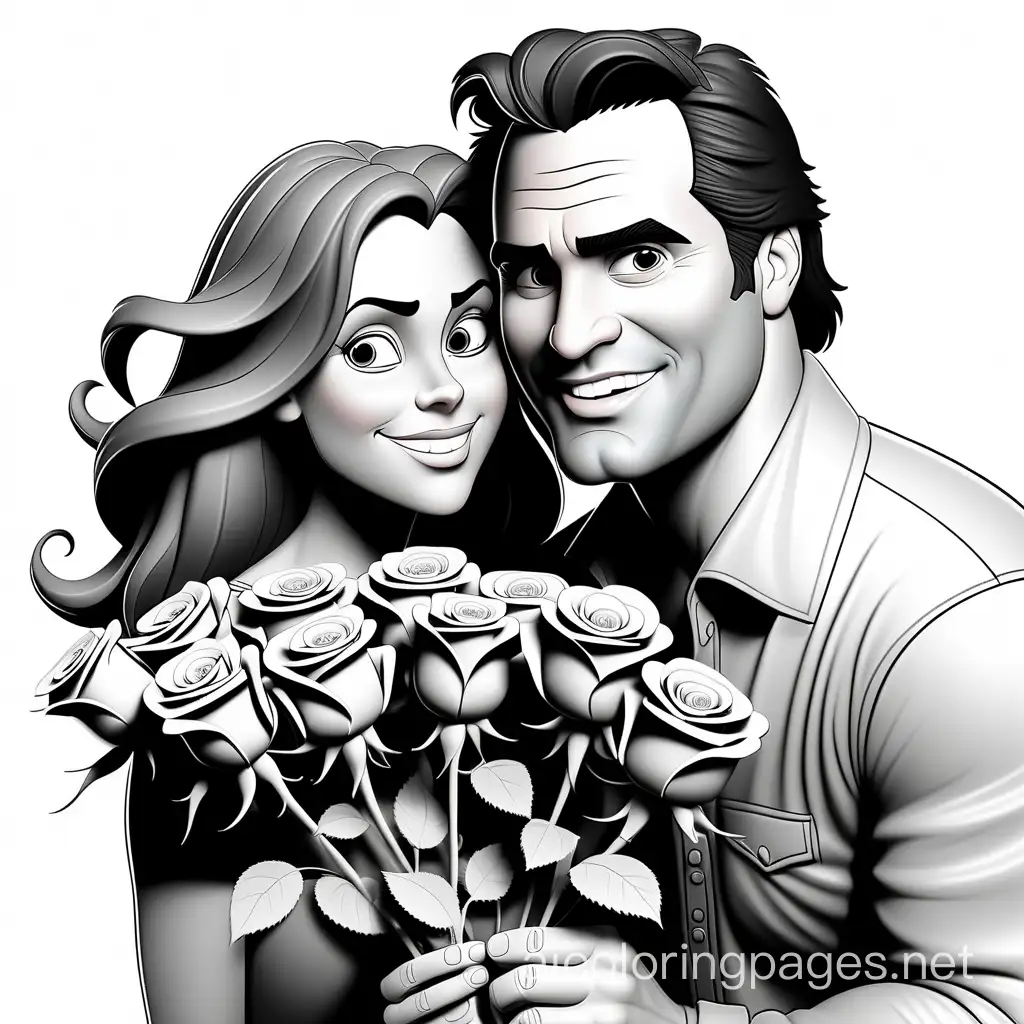 Victor Webster is giving a wonderful bouquet of roses to a woman 45 years old He's really in love with her and he telling her so he's so happy with her , Coloring Page, black and white, line art, white background, Simplicity, Ample White Space. The background of the coloring page is plain white to make it easy for young children to color within the lines. The outlines of all the subjects are easy to distinguish, making it simple for kids to color without too much difficulty, Coloring Page, black and white, line art, white background, Simplicity, Ample White Space. The background of the coloring page is plain white to make it easy for young children to color within the lines. The outlines of all the subjects are easy to distinguish, making it simple for kids to color without too much difficulty
