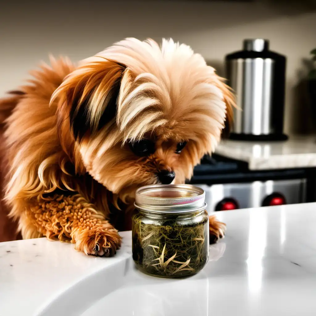 small dog looking at a jar of sea moss on the counter