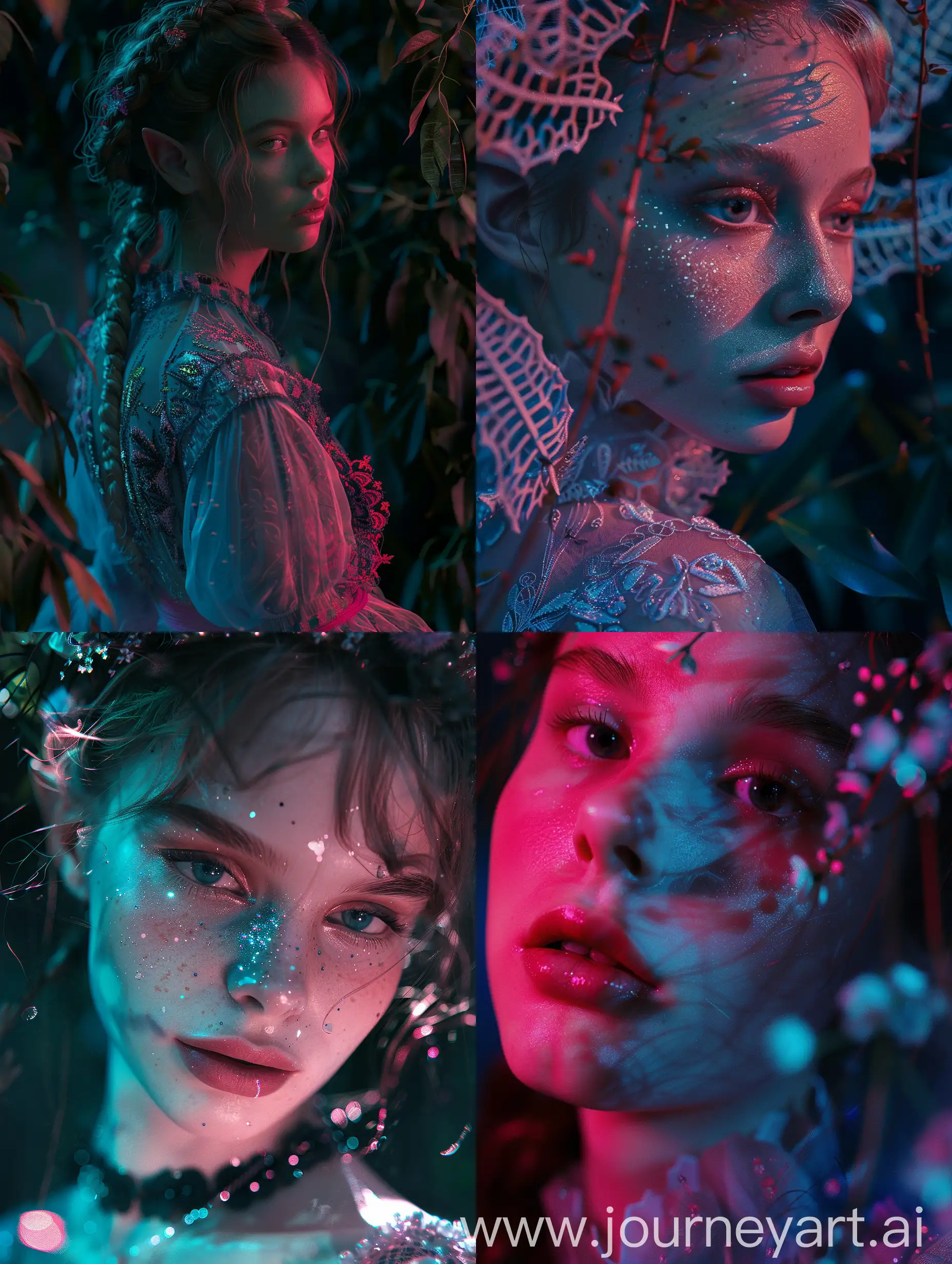 Fairy, giger style, darkness, close up potrait, realistic, high detailed, with subtle pink and blue gradients, Moonlight enveloping attire forest