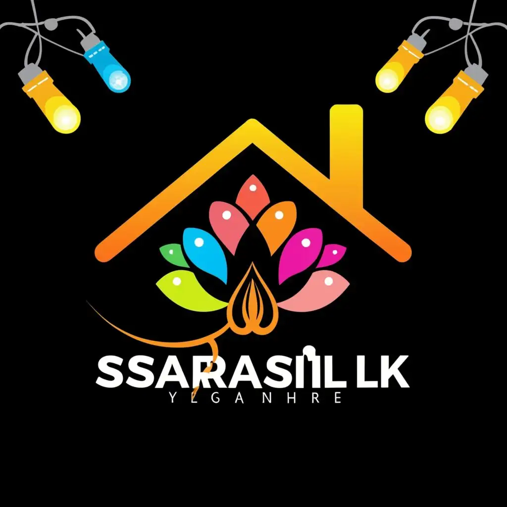 logo, logo name with colorful decorated 8 petle flower under the house roof with LED bulbs, with the text "sarasili.lk", typography, be used in Technology industry