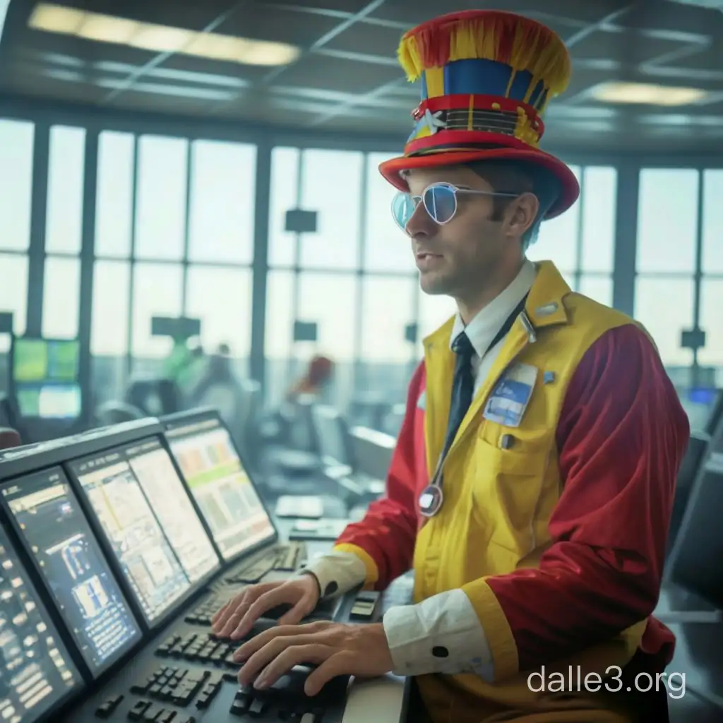 claymation, Homem trabalhando na torre de controle de um aeroporto movimentado vestindo fantasia de carnaval, panoramic, 4k resolution