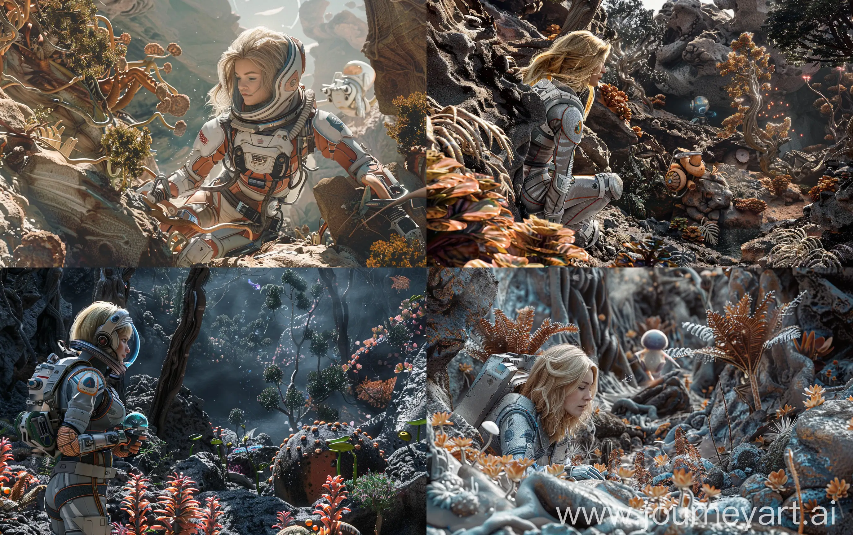 A blonde model in a spacesuit is exploring and researching a mystierious planet in a fantastic carbon-based forest and rocks with strange sci-fi plants and trees, fantastic friendly life forms at the distance, super realistic, cinematic --ar 16:10