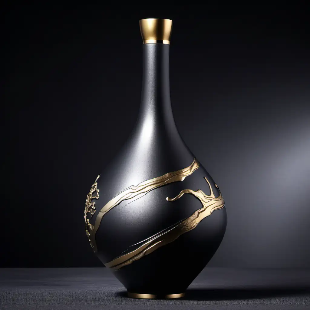 宋代时期的酒瓶形态设计，高端酒，形状奇怪，精密的产品照片图像，高细节，银黑哑光陶瓷与金色装饰，极简装饰，三套方案
