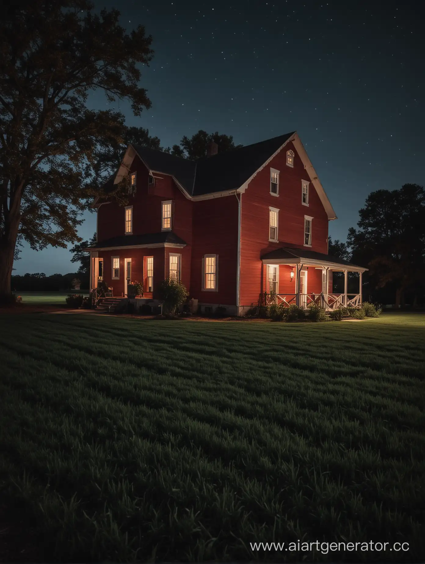 Rustic-American-Farmhouse-Illuminated-at-Dusk