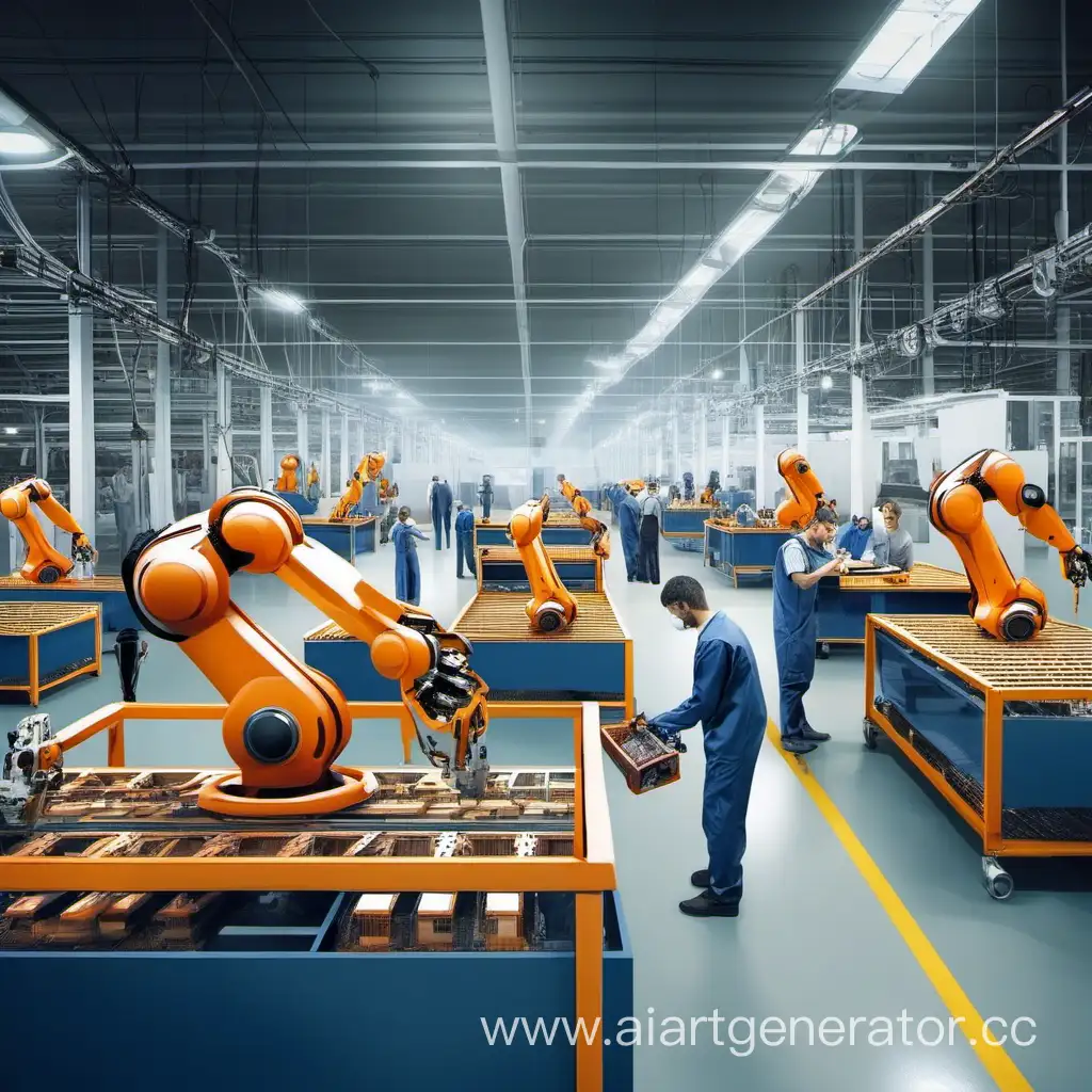 люди работают на заводе вместе с роботами