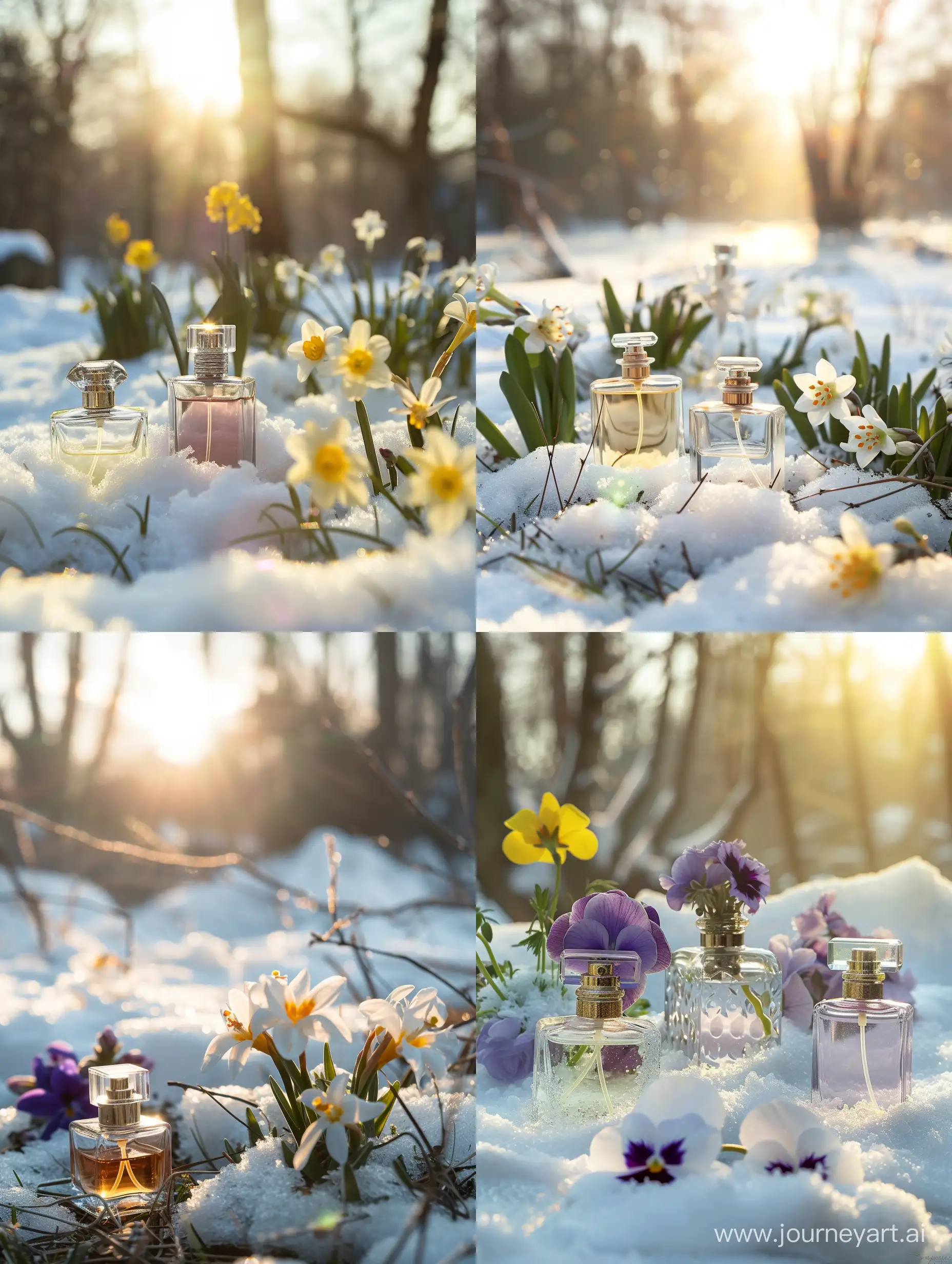 Elegant-Perfume-Bottles-Amidst-Early-Spring-Blooms-with-SunKissed-Snow