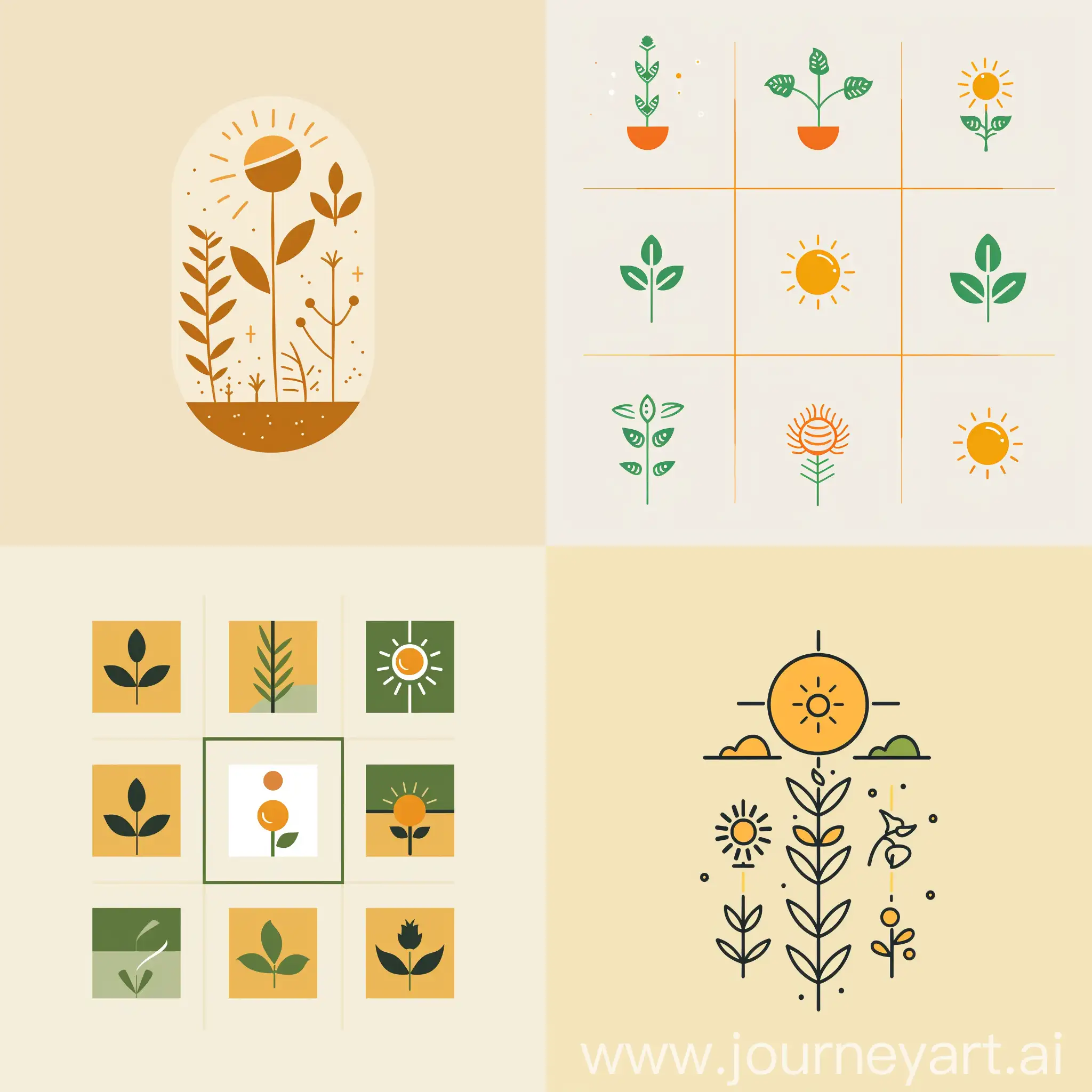 Please create a logo for a fertiliser brand called "Darat Kencana" in the style of Dieter Rams. Make it unique, simple, yet creative. incorporate icons of plants and the sun. Please generate 9 different options