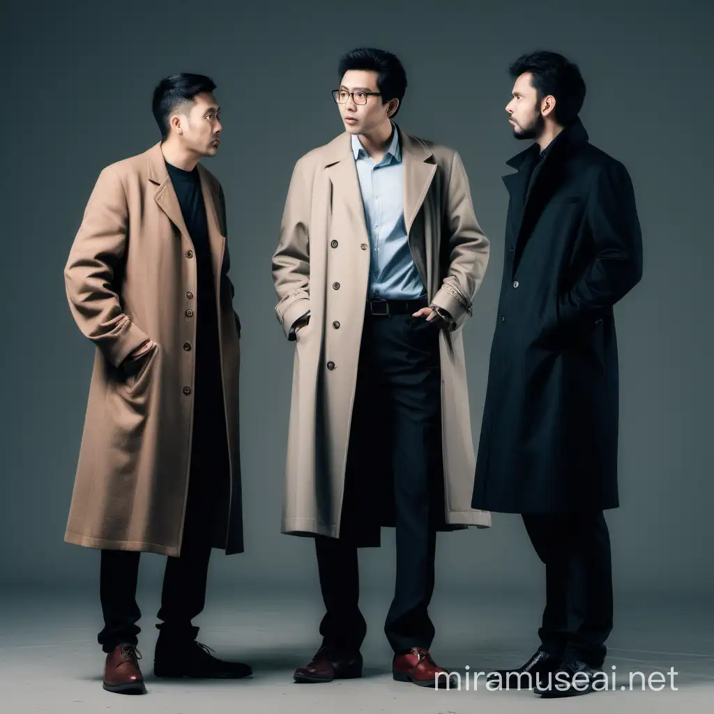 3 men with long coat standing while discuss something, full body

