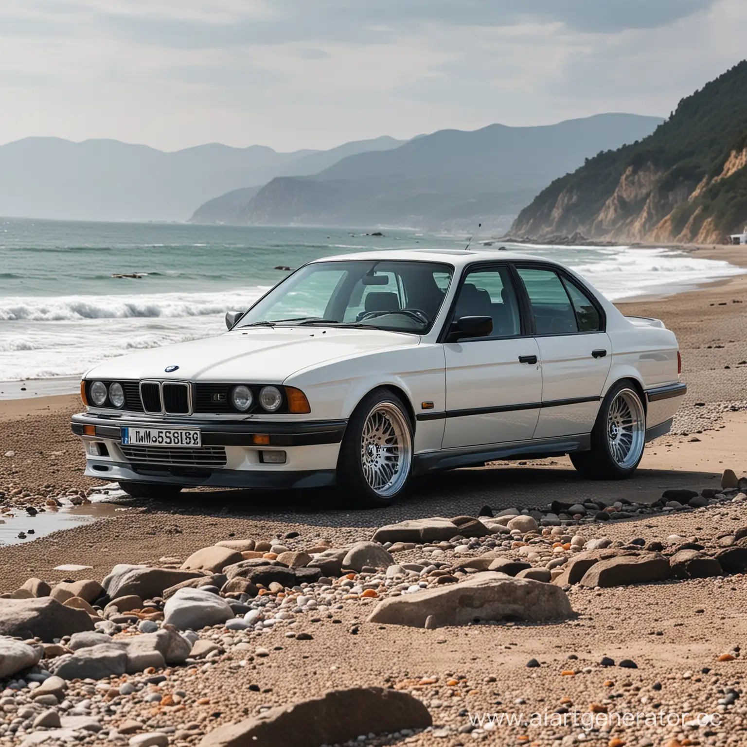 White-and-Black-BMW-M5-E34-Parked-by-the-Shore