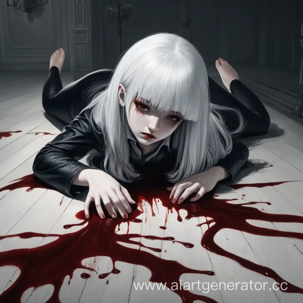 девушка с белыми волосами лежит на полу в крови