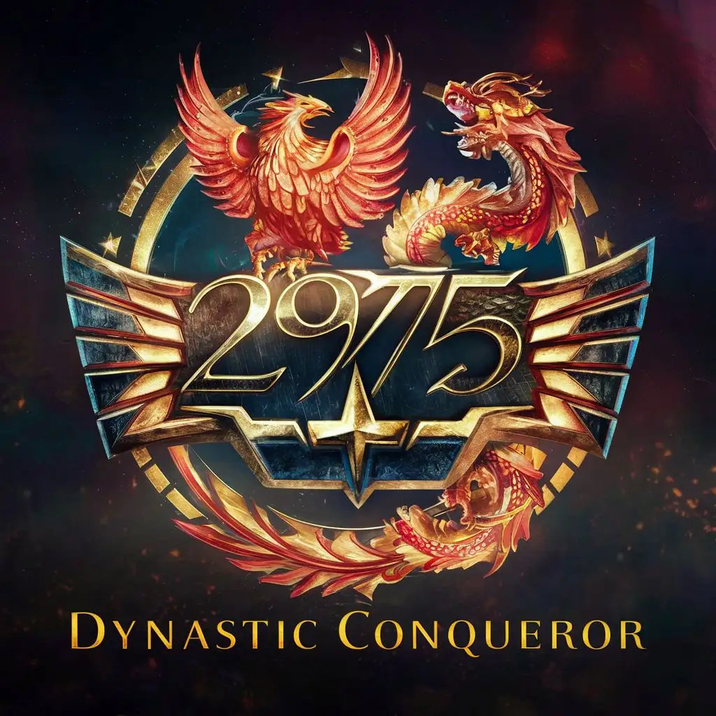 logo, Phoenix and dragon, with the text "2975 DYNASTIC CONQUEROR", typography