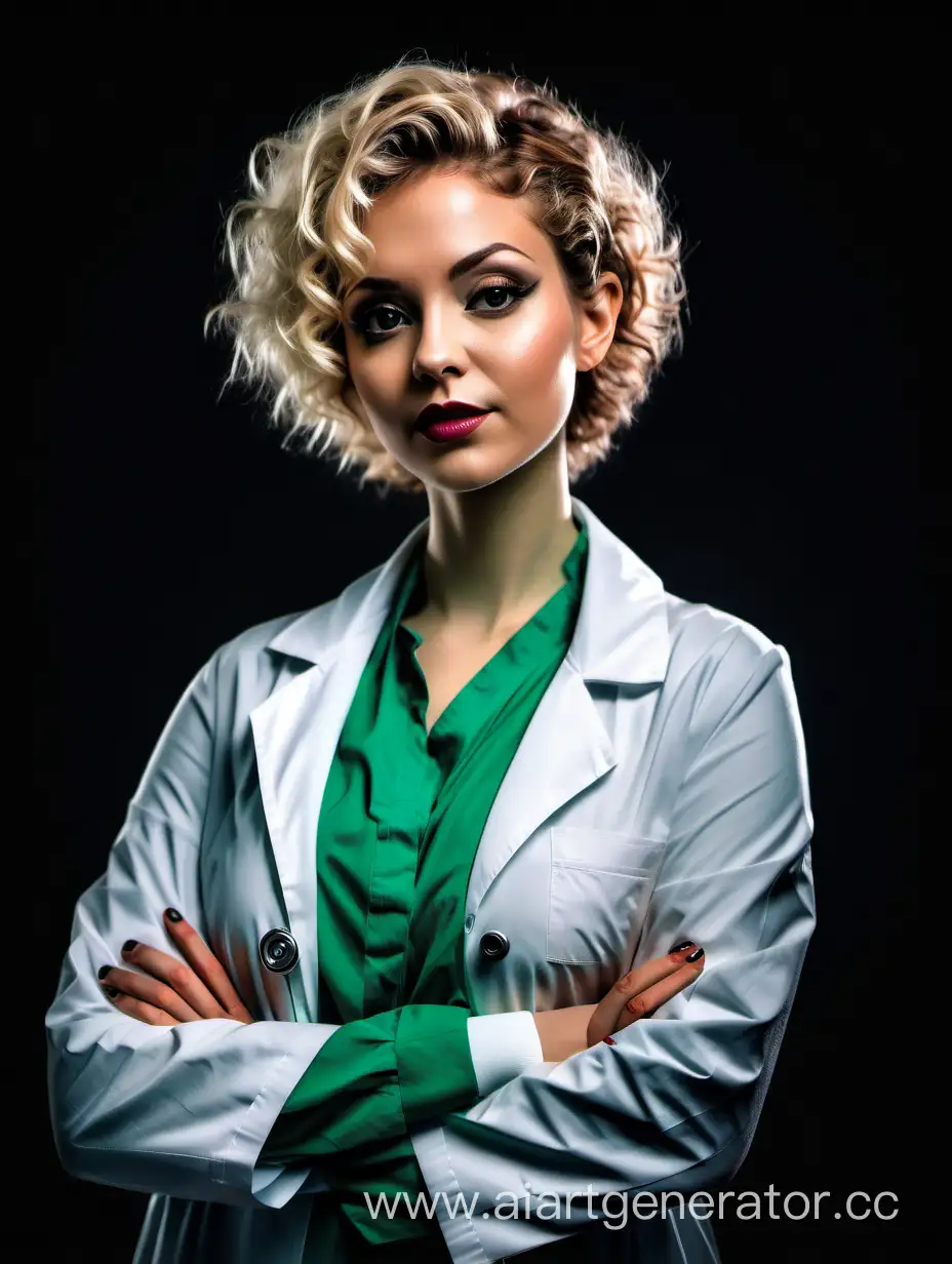 a blond curly pixie haircut european woman, makeup, curvy, (green blouse:1.1), (a doctor white coat:1.4), black background