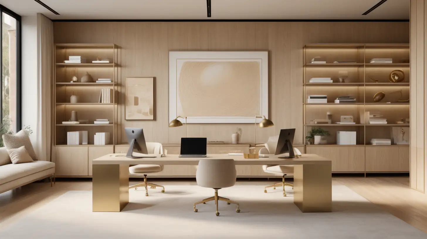 a Hyperrealistic image of a design firm large open workspace; partners desk with computers;  built in light oak and brass wall display shelving units; focal artwork with brass picture light; beige, light oak, brass, ivory colour palette palette