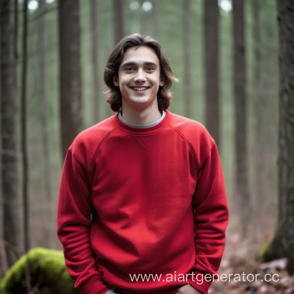 Smiling-Young-Man-in-Red-Sweatshirt-Standing-in-Forest