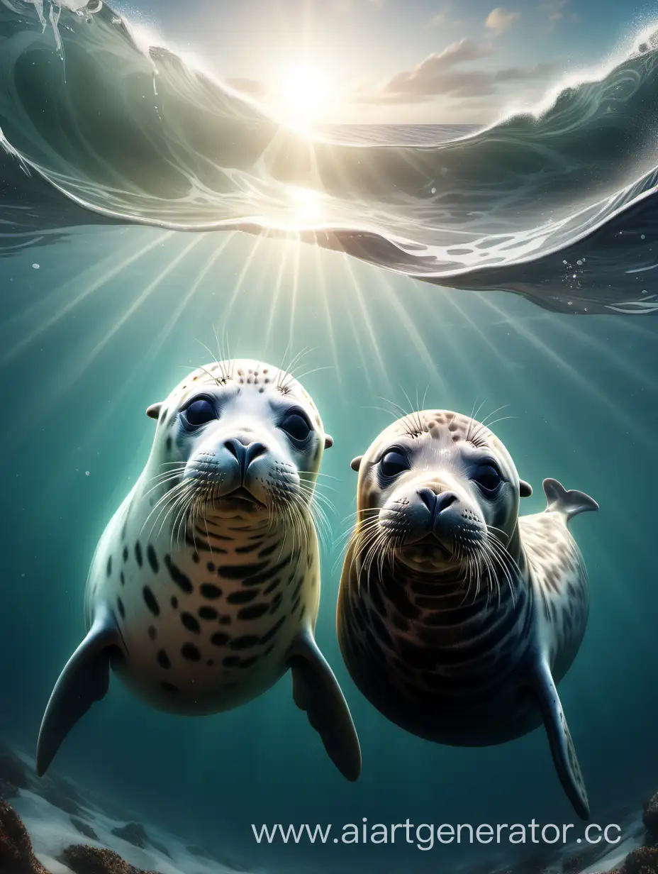 Нарисуй  двух тюленей  в океане