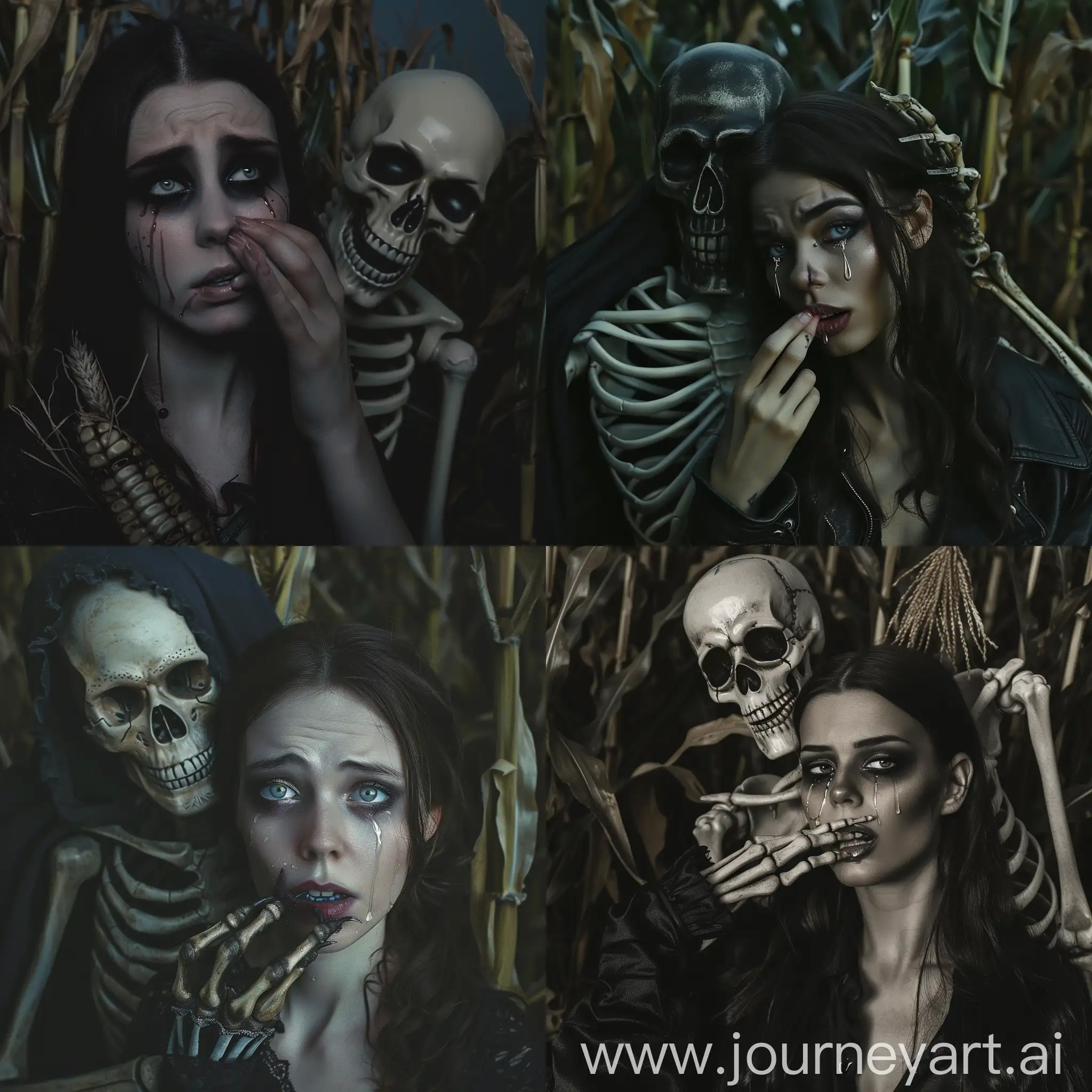 brunette woman with pale skin, tears on eyes, an evil skeleton behind her and closing the womans mouth with is skeleton hand, at dark corn field, midnight, darkness, night hour, dramatic noir, dark colors