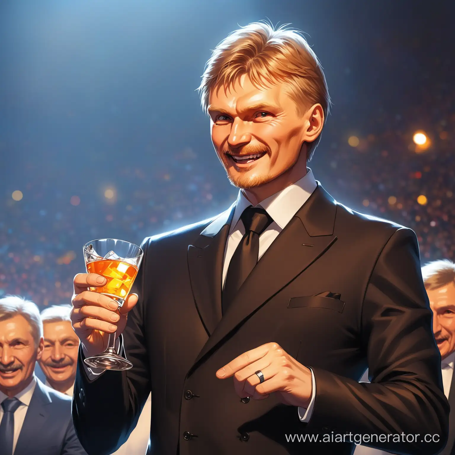 Happy and cheerful Dmitry Peskov addresses the people with a glass of vodka in hand.