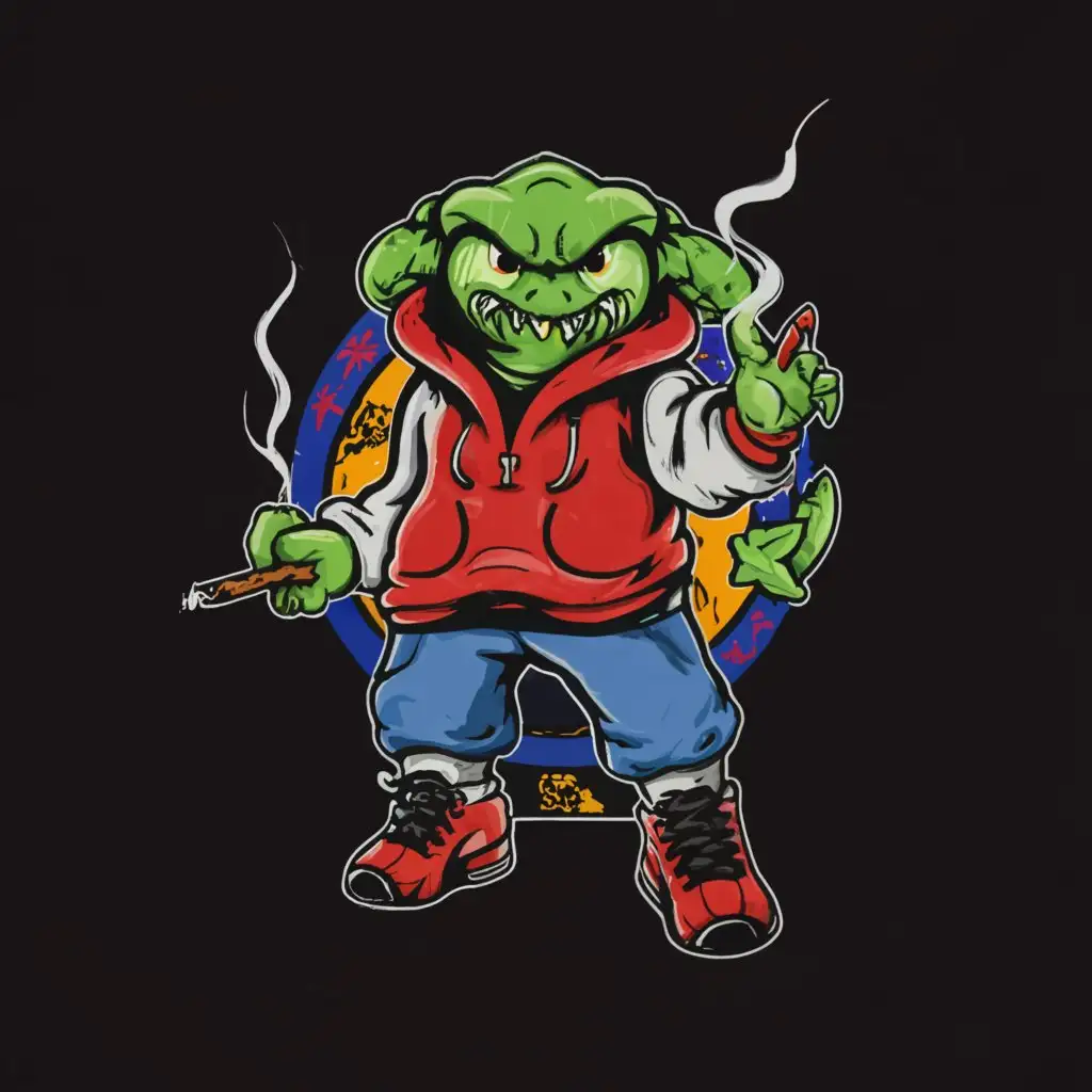 a logo design, with the text 'NITRO', main symbol: Tartaruga dressed in Nike hoodie, black tracksuit pants, and Nike shoes. The logo is round and is full of weed plants, bloodshot eyes and seems high on drugs. Complex, for use in Entertainment industry, clear background full of marijuana flowers. All around there are purple slime liquid