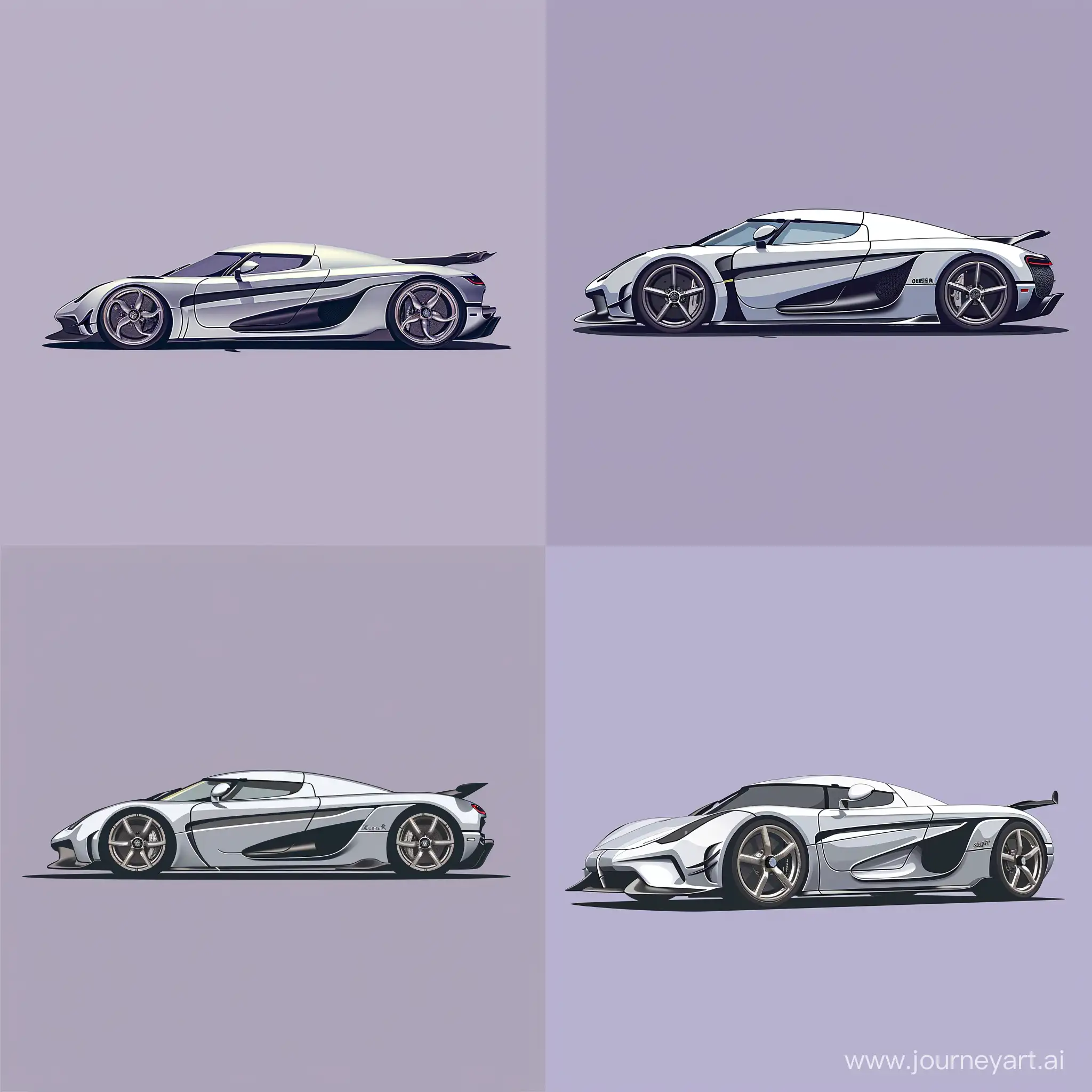 Minimalism 2D Illustration of: Silver Koenigsegg Gemera, Simple Purple Background, 2/3 Vehicle Angle Photography, Adobe Illustrator Software, High Precision