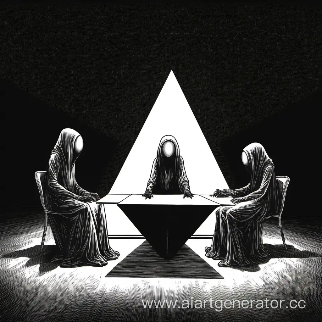 три загадочных существа, выглядят как  нечто внеземное и человечное одновременно, сидят за треугольным столом, в темном помещении с одним источником света