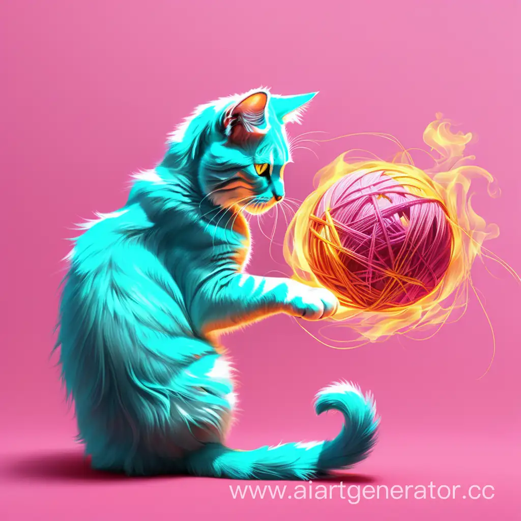 Кот играет с клубком из пламенных ниток, нитки состоят из огня, фон розовый, кот бирюзового цвета, пламя желтое, кот изображён в профиль, играет с клубком одной лапой