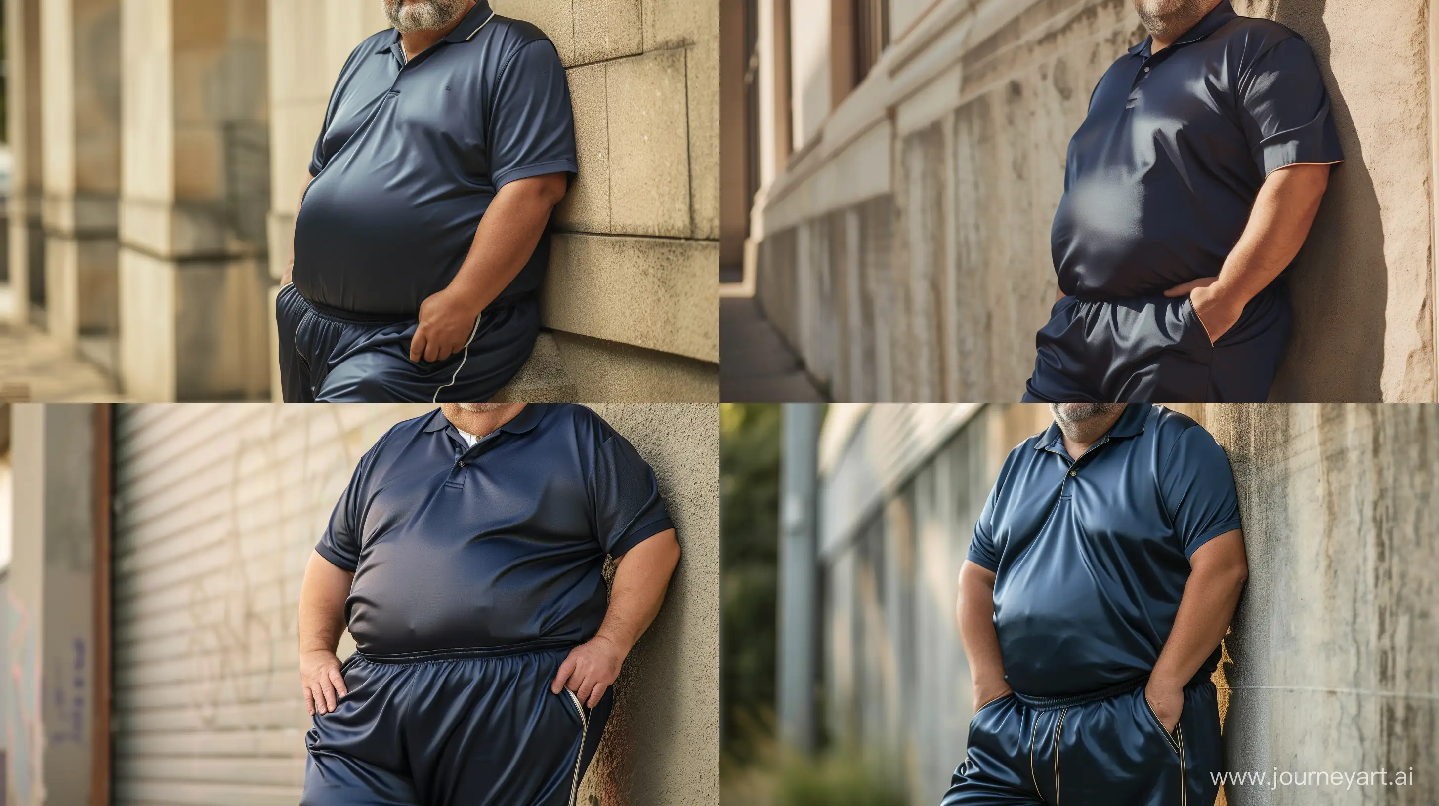 Front view close-up photo of a fat man aged 60 wearing a silk navy tracksuit pants and a tucked in sport silk polo shirt. Leaning against a wall. Outside. --style raw --ar 16:9