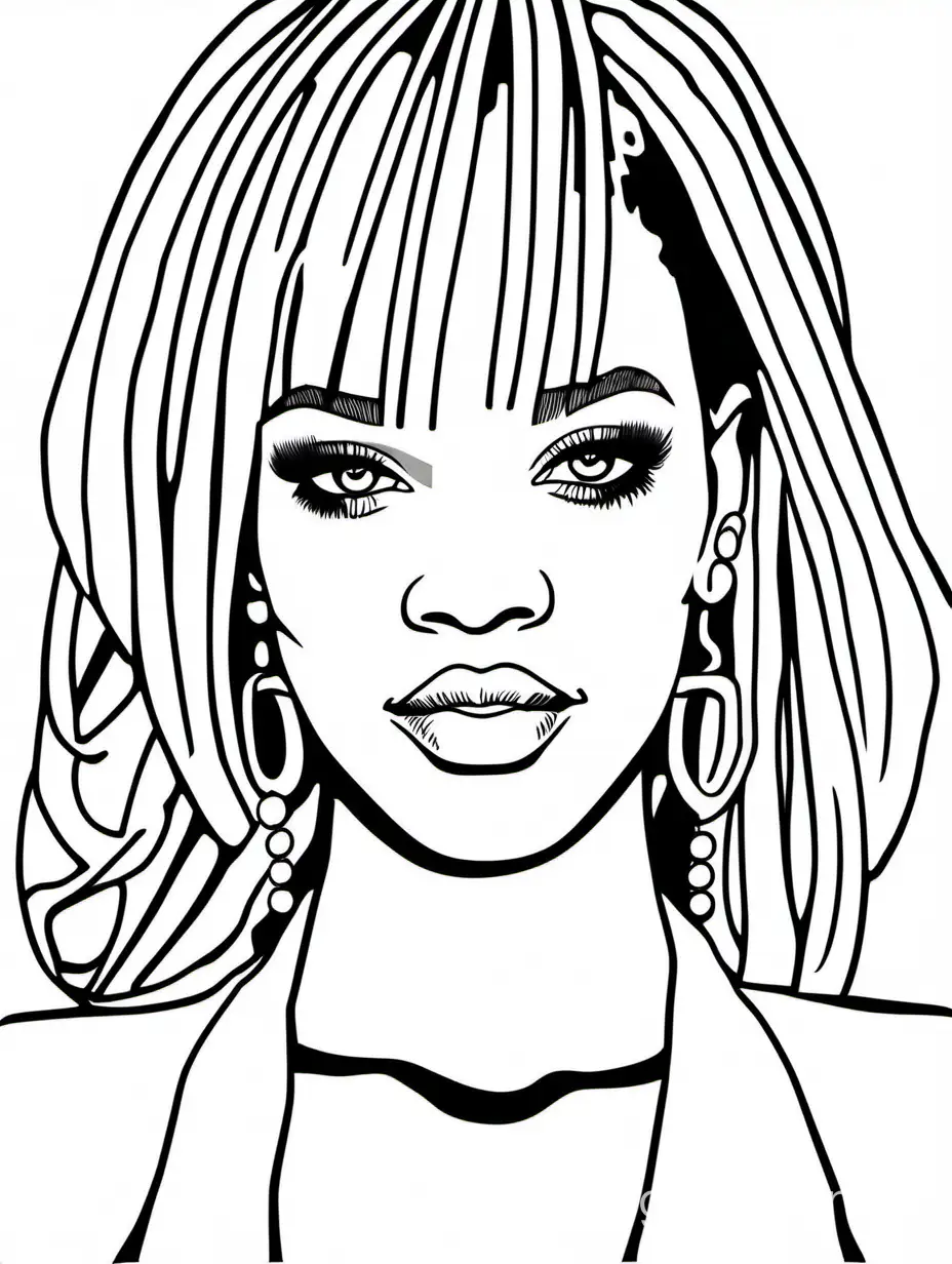Rihanna, Coloring Page, black and white, line art, white background, Simplicity, Ample White Space. The background of the coloring page is plain white to make it easy for young children to color within the lines. The outlines of all the subjects are easy to distinguish, making it simple for kids to color without too much difficulty