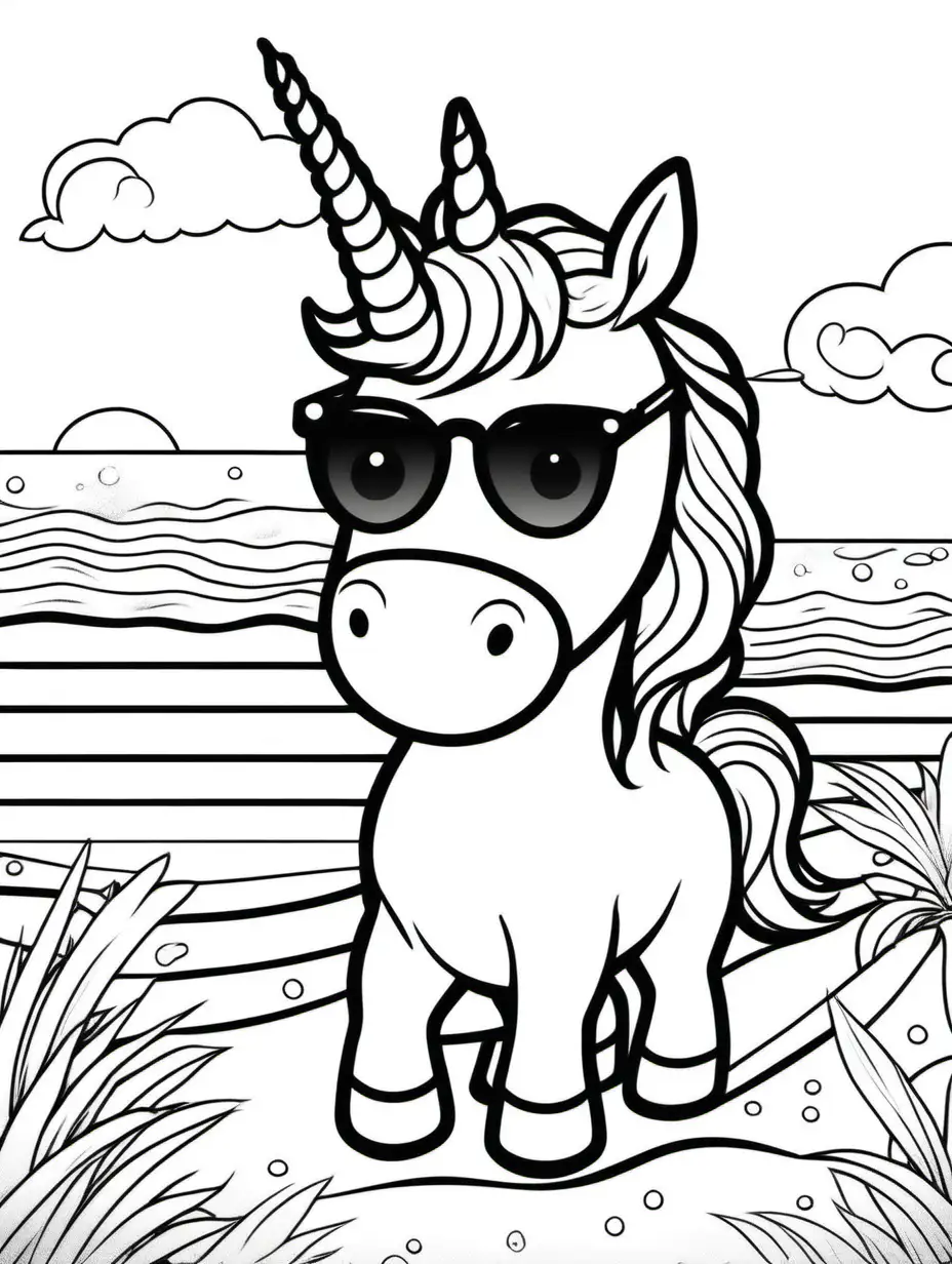 coloring book, black and white, no shading, simple lines and aesthetic, baby unicorn , with sunglasses and with smile, beach border