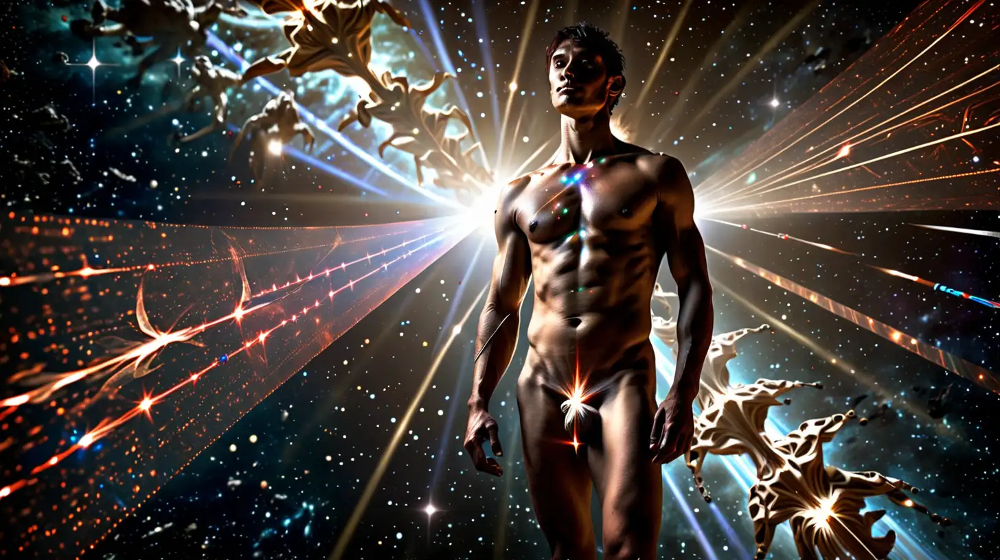 a lithe shirtless human male wearing a loin cloth made of lasers flying through space leaving a trail of light