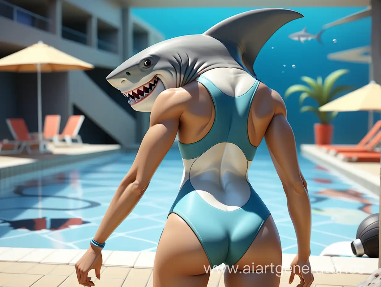 Sporty-SwimsuitClad-Anthropomorphic-Shark-Back-View