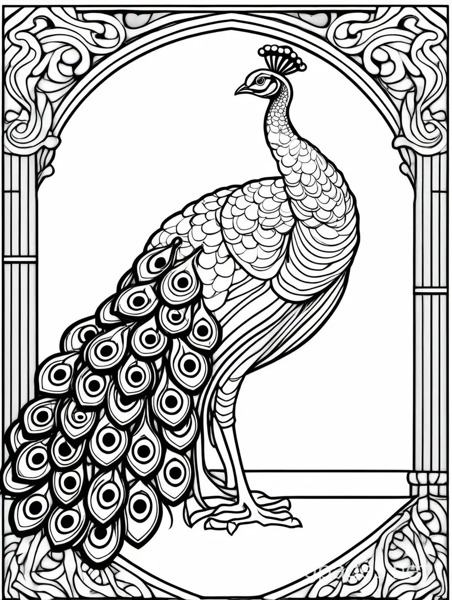 Sir Frederic Leighton, peacock, Coloring Page, black and white, line art, white background, Simplicity, Ample White Space. The background of the coloring page is plain white to make it easy for young children to color within the lines. The outlines of all the subjects are easy to distinguish, making it simple for kids to color without too much difficulty