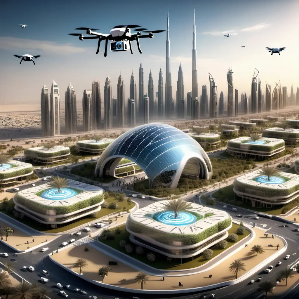 Dubai silicon technology hub in the future with drones flying in and autonomous bots delivering food and goods 