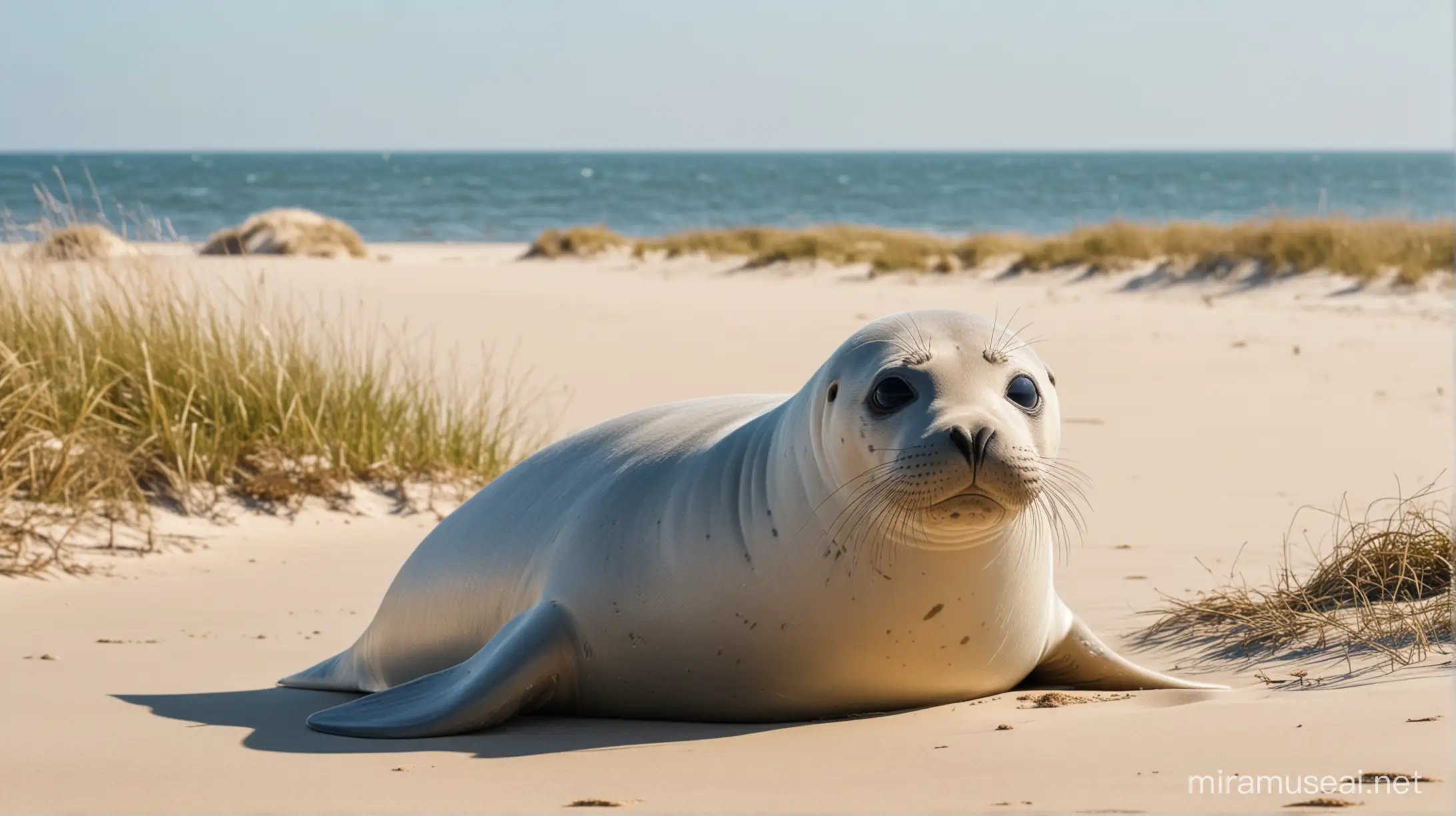 Anime seal, real beach with Dune Nordsee, dunegras, Ocean in Background sunny day