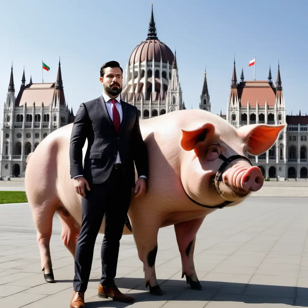 készíts egy malacot amin van egy nyereg és mellette ott áll egy ember öltönyben, az ember legyen izmos, magas, fekete haj, szakáll, a háttér pedig a Magyar Parlament legyen