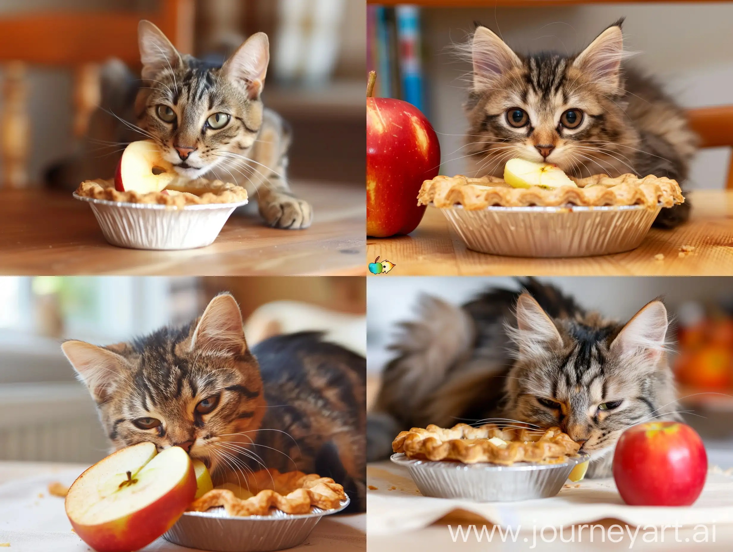 a cute cat eating a cute apple pie