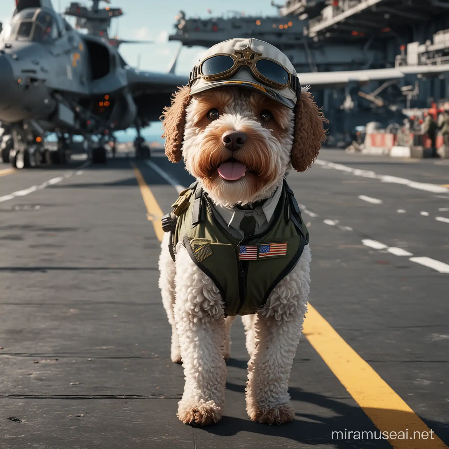 A cute furry Lagotto pilot walking on a military aircraft carrier, unreal engine view, 8k, cinematic in suit with hat