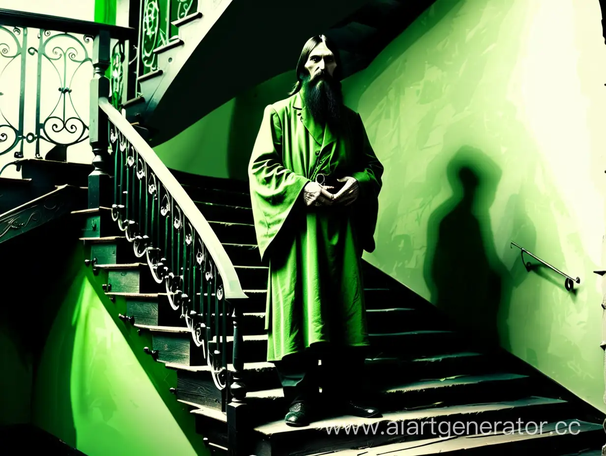 Распутин стоит на лестнице. зеленые оттенки. пустое место снизу для текста