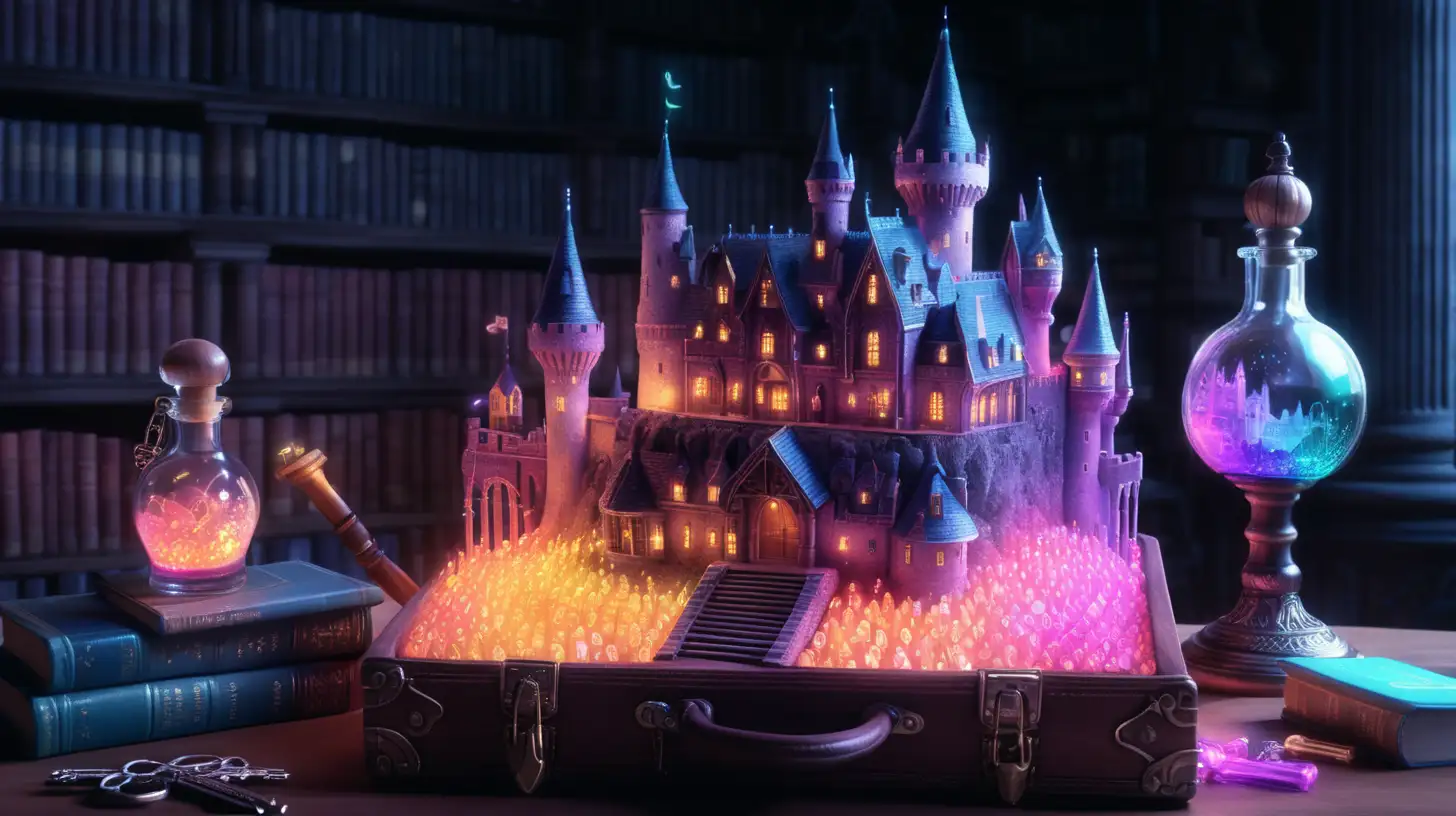 a box of glowing keys, fairytale, magical, library and glowing potions and inside the bottle are iridescent castles, 8K. Typewriter