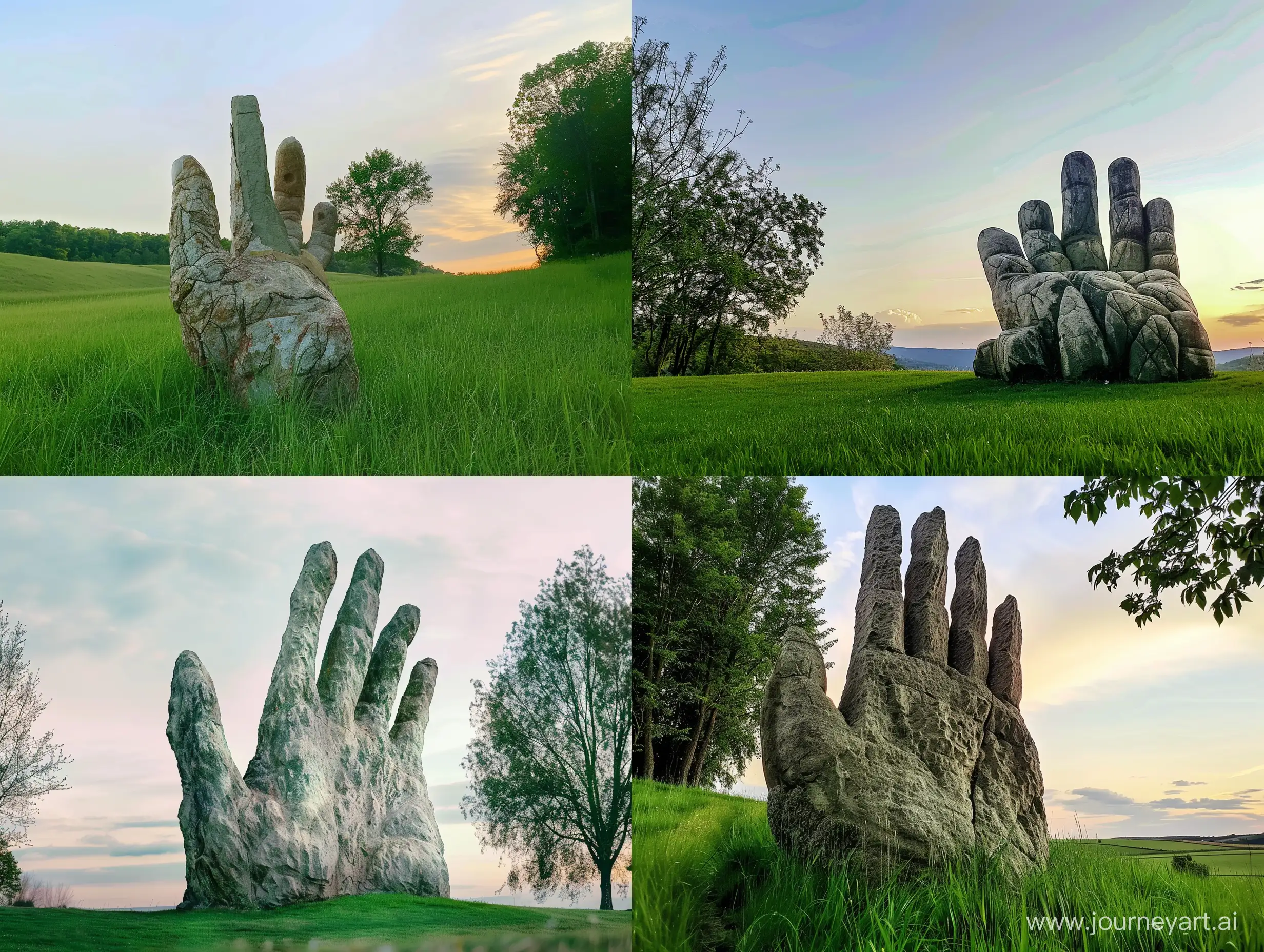 Giant-Stone-Hand-Sculpture-in-Verdant-Landscape