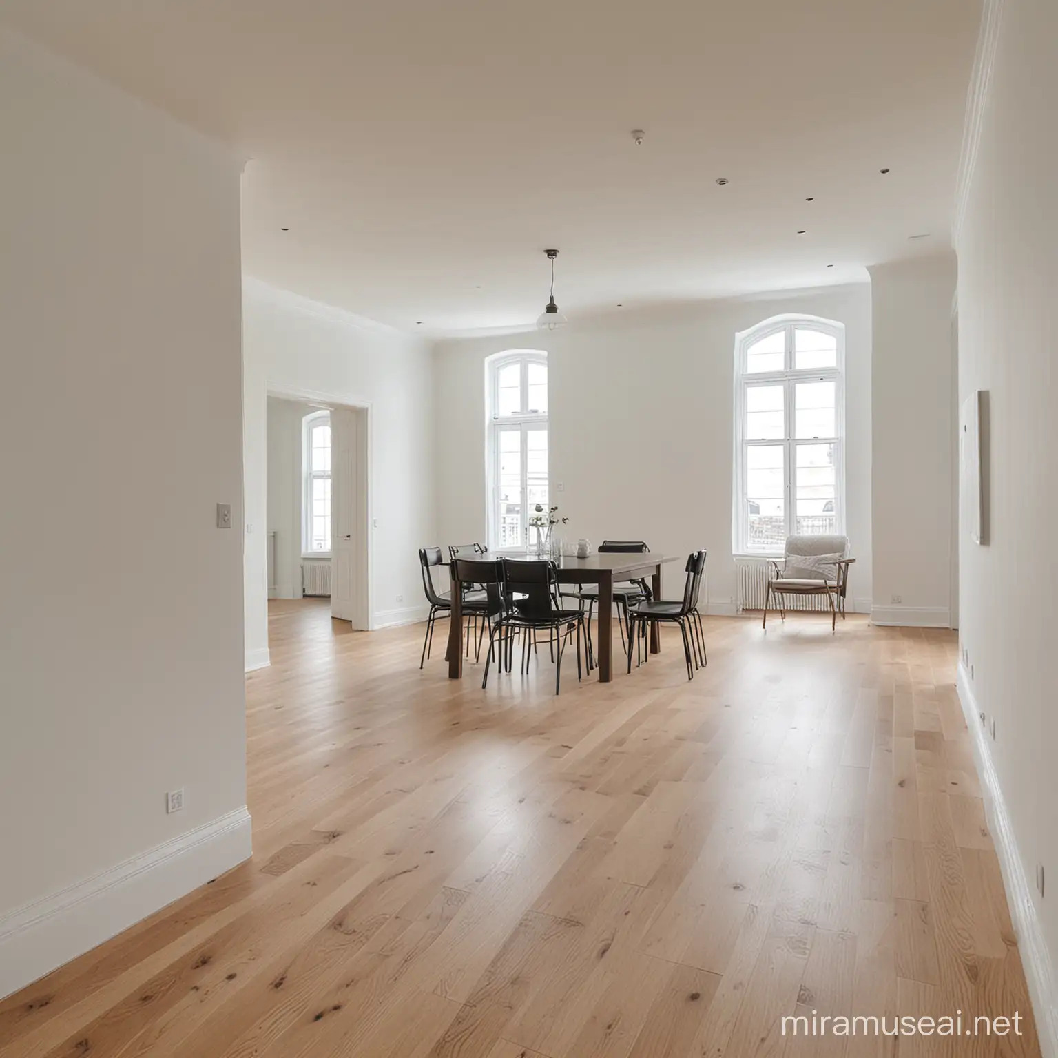 Modern White Living Room Leading to Dining Area